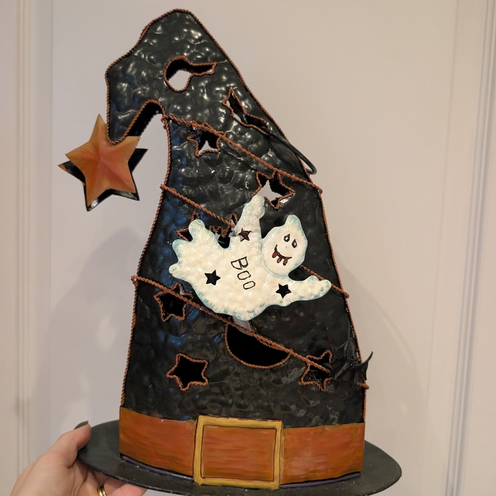 Halloween Witch Hat Decor with Ghost and Stars Candle Holder